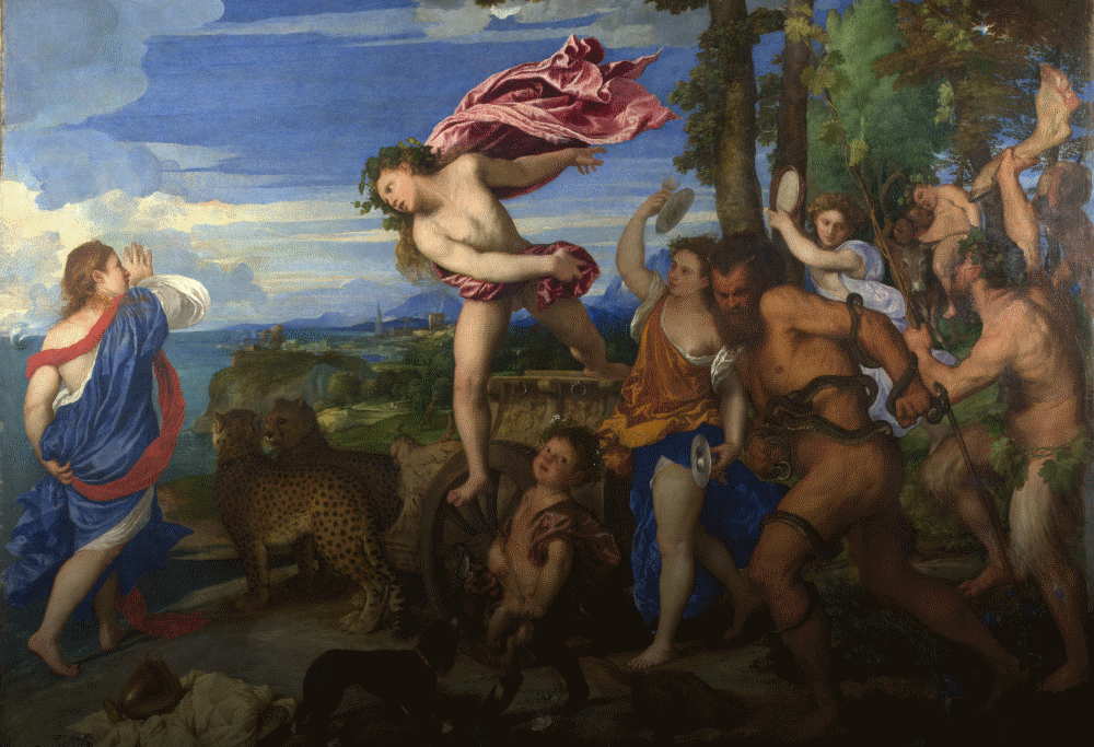 A painting of Dionysos, trailled by a herd of revellers and satyrs.